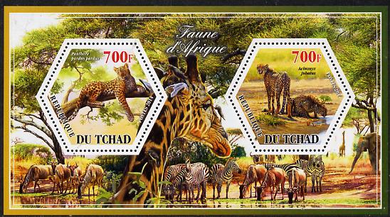 Chad 2014 Animals of Africa #2 perf sheetlet containing two hexagonal-shaped values unmounted mint , stamps on shaped, stamps on hexagon, stamps on hexagonal, stamps on animals, stamps on 