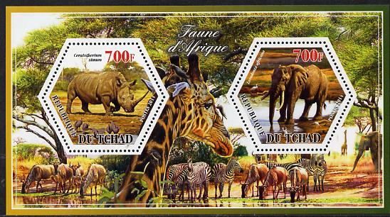 Chad 2014 Animals of Africa #3 perf sheetlet containing two hexagonal-shaped values unmounted mint , stamps on shaped, stamps on hexagon, stamps on hexagonal, stamps on animals, stamps on 