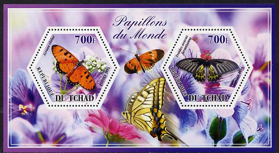 Chad 2014 Butterflies #7 perf sheetlet containing two hexagonal-shaped values unmounted mint , stamps on , stamps on  stamps on shaped, stamps on  stamps on hexagon, stamps on  stamps on hexagonal, stamps on  stamps on butterflies