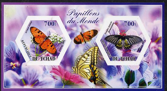 Chad 2014 Butterflies #7 imperf sheetlet containing two hexagonal-shaped values unmounted mint , stamps on shaped, stamps on hexagon, stamps on hexagonal, stamps on butterflies