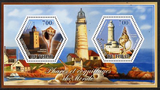 Chad 2014 Lighthouses & Shells #1 perf sheetlet containing two hexagonal-shaped values unmounted mint , stamps on , stamps on  stamps on shaped, stamps on  stamps on hexagon, stamps on  stamps on hexagonal, stamps on  stamps on lighthouses, stamps on  stamps on shells, stamps on  stamps on marine life