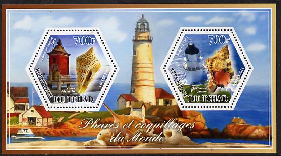 Chad 2014 Lighthouses & Shells #2 perf sheetlet containing two hexagonal-shaped values unmounted mint , stamps on , stamps on  stamps on shaped, stamps on  stamps on hexagon, stamps on  stamps on hexagonal, stamps on  stamps on lighthouses, stamps on  stamps on shells, stamps on  stamps on marine life