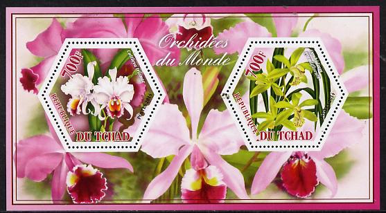 Chad 2014 Orchids #4 perf sheetlet containing two hexagonal-shaped values unmounted mint , stamps on shaped, stamps on hexagon, stamps on hexagonal, stamps on flowers, stamps on orchids