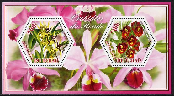 Chad 2014 Orchids #6 perf sheetlet containing two hexagonal-shaped values unmounted mint , stamps on , stamps on  stamps on shaped, stamps on  stamps on hexagon, stamps on  stamps on hexagonal, stamps on  stamps on flowers, stamps on  stamps on orchids