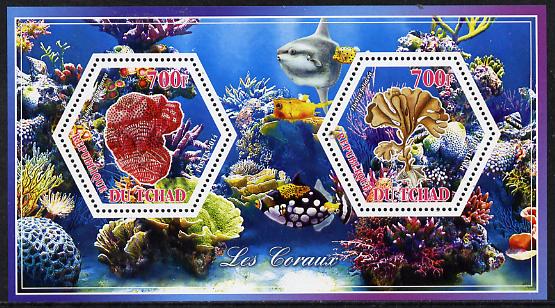 Chad 2014 Coral #1 perf sheetlet containing two hexagonal-shaped values unmounted mint , stamps on shaped, stamps on hexagon, stamps on hexagonal, stamps on coral, stamps on marine life