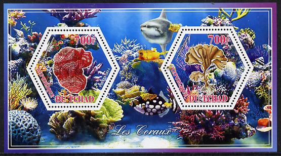 Chad 2014 Coral #1 perf sheetlet containing two hexagonal-shaped values unmounted mint , stamps on , stamps on  stamps on shaped, stamps on  stamps on hexagon, stamps on  stamps on hexagonal, stamps on  stamps on coral, stamps on  stamps on marine life