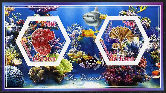 Chad 2014 Coral #1 imperf sheetlet containing two hexagonal-shaped values unmounted mint , stamps on shaped, stamps on hexagon, stamps on hexagonal, stamps on coral, stamps on marine life