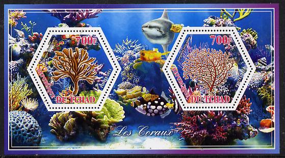 Chad 2014 Coral #2 perf sheetlet containing two hexagonal-shaped values unmounted mint , stamps on , stamps on  stamps on shaped, stamps on  stamps on hexagon, stamps on  stamps on hexagonal, stamps on  stamps on coral, stamps on  stamps on marine life