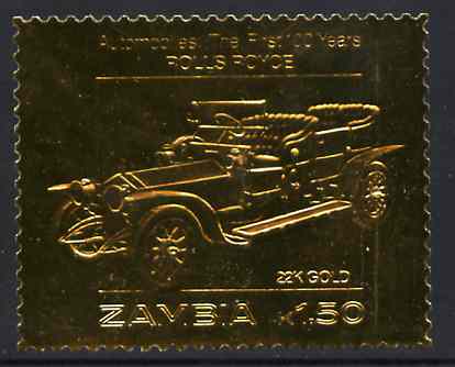 Zambia 1987 Classic Cars 1k50 Rolls Royce in 22k gold foil unmounted mint, stamps on , stamps on  stamps on cars     rolls royce