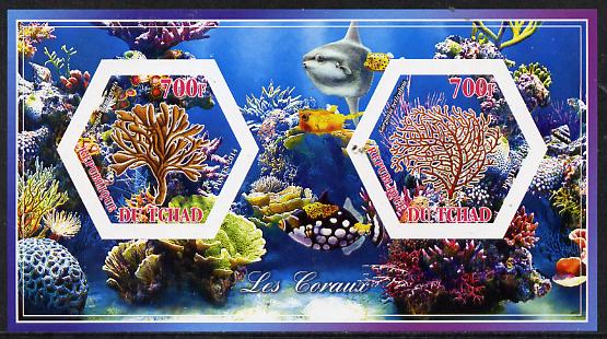 Chad 2014 Coral #2 imperf sheetlet containing two hexagonal-shaped values unmounted mint , stamps on , stamps on  stamps on shaped, stamps on  stamps on hexagon, stamps on  stamps on hexagonal, stamps on  stamps on coral, stamps on  stamps on marine life