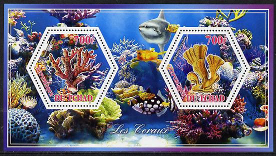 Chad 2014 Coral #3 perf sheetlet containing two hexagonal-shaped values unmounted mint , stamps on shaped, stamps on hexagon, stamps on hexagonal, stamps on coral, stamps on marine life