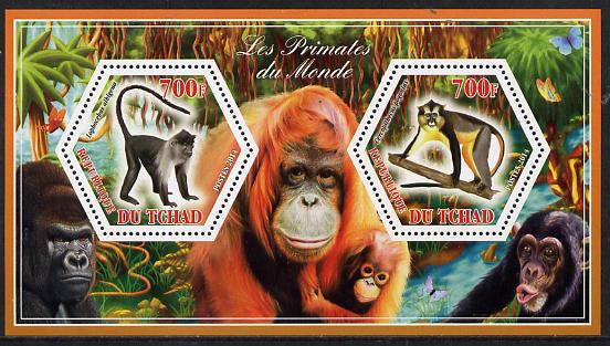 Chad 2014 Primates of the World #1 perf sheetlet containing two hexagonal-shaped values unmounted mint , stamps on shaped, stamps on hexagon, stamps on hexagonal, stamps on animals, stamps on apes, stamps on primates, stamps on 