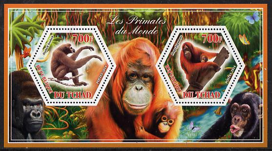 Chad 2014 Primates of the World #2 perf sheetlet containing two hexagonal-shaped values unmounted mint , stamps on shaped, stamps on hexagon, stamps on hexagonal, stamps on animals, stamps on apes, stamps on primates, stamps on 