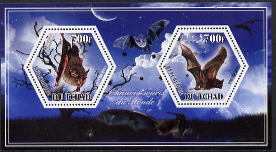 Chad 2014 Bats #1 perf sheetlet containing two hexagonal-shaped values unmounted mint , stamps on , stamps on  stamps on shaped, stamps on  stamps on hexagon, stamps on  stamps on hexagonal, stamps on  stamps on animals, stamps on  stamps on bats