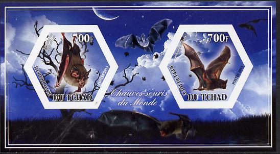 Chad 2014 Bats #1 imperf sheetlet containing two hexagonal-shaped values unmounted mint , stamps on , stamps on  stamps on shaped, stamps on  stamps on hexagon, stamps on  stamps on hexagonal, stamps on  stamps on animals, stamps on  stamps on bats