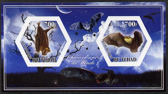 Chad 2014 Bats #2 imperf sheetlet containing two hexagonal-shaped values unmounted mint , stamps on , stamps on  stamps on shaped, stamps on  stamps on hexagon, stamps on  stamps on hexagonal, stamps on  stamps on animals, stamps on  stamps on bats