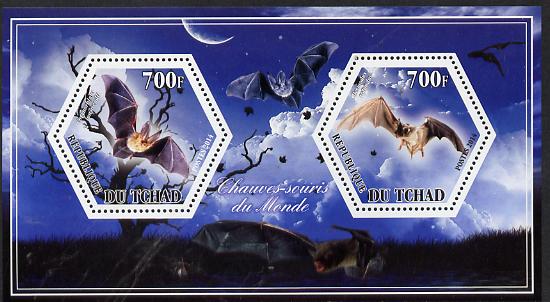 Chad 2014 Bats #3 perf sheetlet containing two hexagonal-shaped values unmounted mint , stamps on , stamps on  stamps on shaped, stamps on  stamps on hexagon, stamps on  stamps on hexagonal, stamps on  stamps on animals, stamps on  stamps on bats