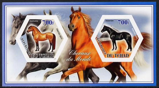 Chad 2014 Horses #1 imperf sheetlet containing two hexagonal-shaped values unmounted mint , stamps on shaped, stamps on hexagon, stamps on hexagonal, stamps on animals, stamps on horses