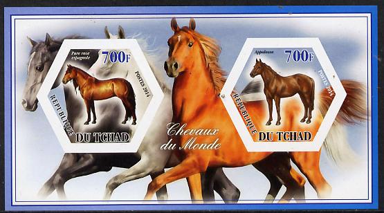 Chad 2014 Horses #2 imperf sheetlet containing two hexagonal-shaped values unmounted mint , stamps on shaped, stamps on hexagon, stamps on hexagonal, stamps on animals, stamps on horses