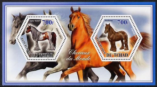 Chad 2014 Horses #3 perf sheetlet containing two hexagonal-shaped values unmounted mint , stamps on shaped, stamps on hexagon, stamps on hexagonal, stamps on animals, stamps on horses