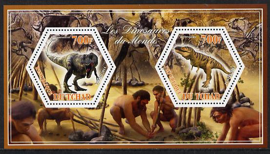 Chad 2014 Dinosaurs #1 perf sheetlet containing two hexagonal-shaped values unmounted mint , stamps on shaped, stamps on hexagon, stamps on hexagonal, stamps on animals, stamps on dinosaurs