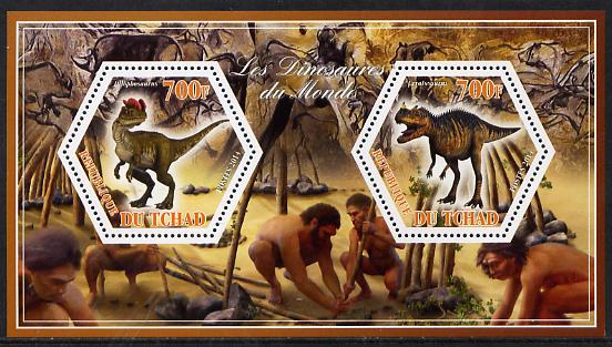 Chad 2014 Dinosaurs #3 perf sheetlet containing two hexagonal-shaped values unmounted mint , stamps on , stamps on  stamps on shaped, stamps on  stamps on hexagon, stamps on  stamps on hexagonal, stamps on  stamps on animals, stamps on  stamps on dinosaurs