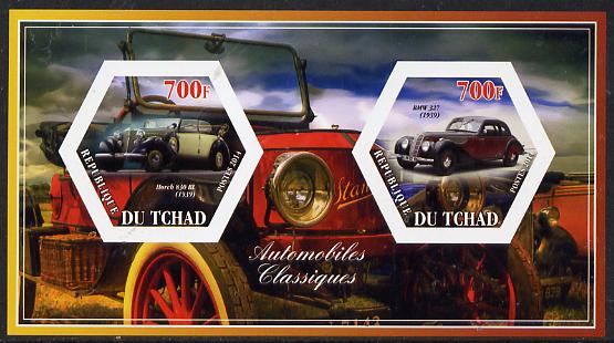 Chad 2014 Classic Cars #3 imperf sheetlet containing two hexagonal-shaped values unmounted mint , stamps on shaped, stamps on hexagon, stamps on hexagonal, stamps on cars