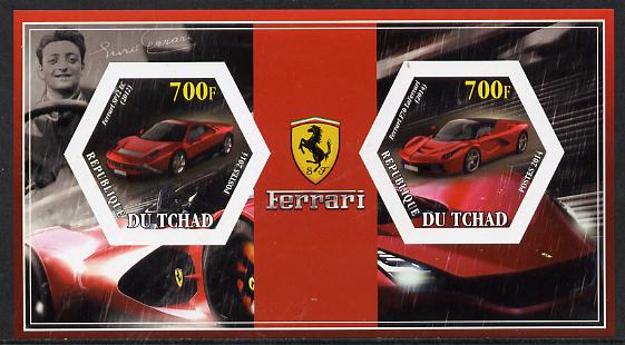 Chad 2014 Ferrari Cars #1 imperf sheetlet containing two hexagonal-shaped values unmounted mint , stamps on shaped, stamps on hexagon, stamps on hexagonal, stamps on cars, stamps on ferrari