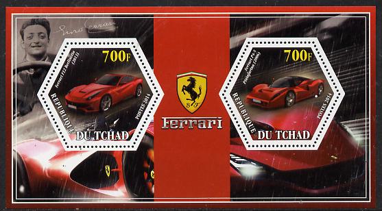 Chad 2014 Ferrari Cars #2 perf sheetlet containing two hexagonal-shaped values unmounted mint , stamps on , stamps on  stamps on shaped, stamps on  stamps on hexagon, stamps on  stamps on hexagonal, stamps on  stamps on cars, stamps on  stamps on ferrari