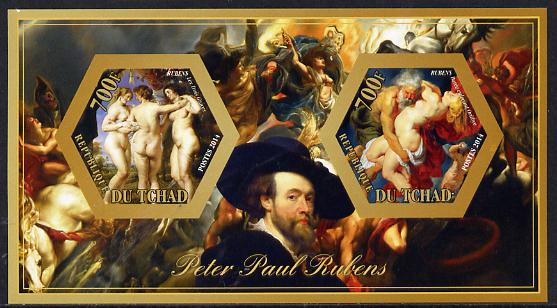 Chad 2014 Peter Paul Rubens #1 imperf sheetlet containing two hexagonal-shaped values unmounted mint , stamps on shaped, stamps on hexagon, stamps on hexagonal, stamps on arts, stamps on rubens, stamps on personalities