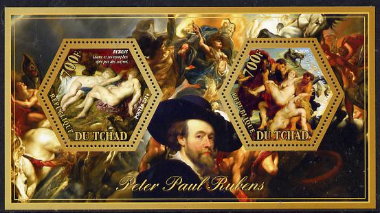 Chad 2014 Peter Paul Rubens #2 perf sheetlet containing two hexagonal-shaped values unmounted mint , stamps on shaped, stamps on hexagon, stamps on hexagonal, stamps on arts, stamps on rubens, stamps on personalities
