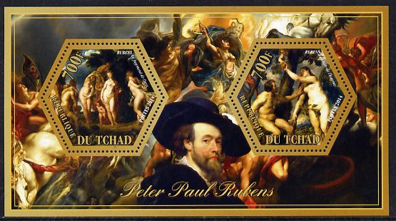 Chad 2014 Peter Paul Rubens #3 perf sheetlet containing two hexagonal-shaped values unmounted mint , stamps on shaped, stamps on hexagon, stamps on hexagonal, stamps on arts, stamps on rubens, stamps on personalities