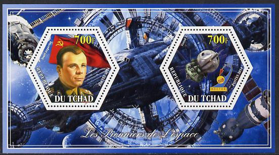 Chad 2014 Conquest of Space #3 perf sheetlet containing two hexagonal-shaped values unmounted mint , stamps on shaped, stamps on hexagon, stamps on hexagonal, stamps on space, stamps on personalities