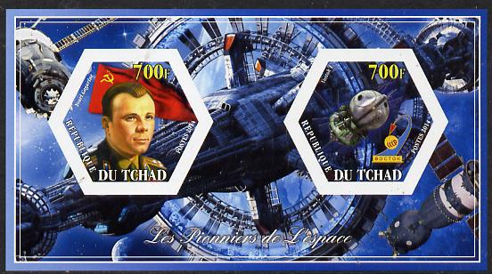 Chad 2014 Conquest of Space #3 imperf sheetlet containing two hexagonal-shaped values unmounted mint , stamps on , stamps on  stamps on shaped, stamps on  stamps on hexagon, stamps on  stamps on hexagonal, stamps on  stamps on space, stamps on  stamps on personalities