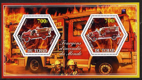 Chad 2014 Fire Engines #1 perf sheetlet containing two hexagonal-shaped values unmounted mint , stamps on , stamps on  stamps on shaped, stamps on  stamps on hexagon, stamps on  stamps on hexagonal, stamps on  stamps on fire