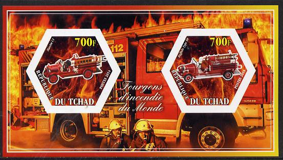 Chad 2014 Fire Engines #1 imperf sheetlet containing two hexagonal-shaped values unmounted mint , stamps on , stamps on  stamps on shaped, stamps on  stamps on hexagon, stamps on  stamps on hexagonal, stamps on  stamps on fire