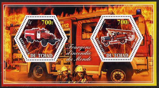 Chad 2014 Fire Engines #3 perf sheetlet containing two hexagonal-shaped values unmounted mint , stamps on , stamps on  stamps on shaped, stamps on  stamps on hexagon, stamps on  stamps on hexagonal, stamps on  stamps on fire