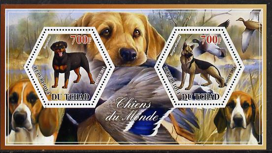 Chad 2014 Dogs #2 perf sheetlet containing two hexagonal-shaped values unmounted mint , stamps on , stamps on  stamps on shaped, stamps on  stamps on hexagon, stamps on  stamps on hexagonal, stamps on  stamps on dogs