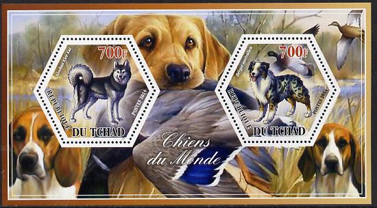 Chad 2014 Dogs #3 perf sheetlet containing two hexagonal-shaped values unmounted mint , stamps on shaped, stamps on hexagon, stamps on hexagonal, stamps on dogs