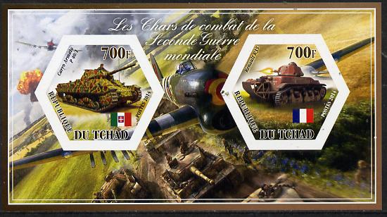 Chad 2014 Tanks #2 imperf sheetlet containing two hexagonal-shaped values unmounted mint , stamps on , stamps on  stamps on shaped, stamps on  stamps on hexagon, stamps on  stamps on hexagonal, stamps on  stamps on militaria, stamps on  stamps on tanks