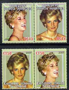 Easdale 2007 Princess Diana \A31.50 #4 perf se-tenant pair with images transposed and Country, value & date inverted (normal shown here for comparison but is not included..., stamps on personalities, stamps on diana, stamps on royalty, stamps on women