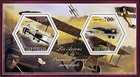 Chad 2014 Aircraft of World War 1 #3 perf sheetlet containing two hexagonal-shaped values unmounted mint , stamps on , stamps on  stamps on shaped, stamps on  stamps on hexagon, stamps on  stamps on hexagonal, stamps on  stamps on  ww1 , stamps on  stamps on aviation