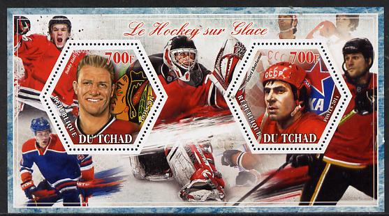 Chad 2014 Ice Hockey #1 perf sheetlet containing two hexagonal-shaped values unmounted mint , stamps on shaped, stamps on hexagon, stamps on hexagonal, stamps on sport, stamps on ice hockey, stamps on 