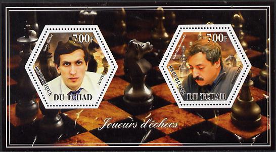 Chad 2014 Chess Players #1 perf sheetlet containing two hexagonal-shaped values unmounted mint , stamps on shaped, stamps on hexagon, stamps on hexagonal, stamps on chess, stamps on personalities