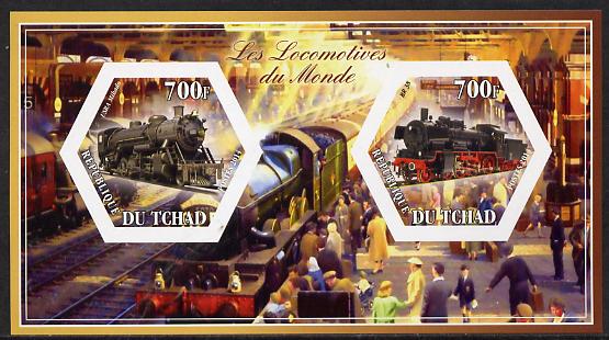 Chad 2014 Steam Locomotives of the World #1 imperf sheetlet containing two hexagonal-shaped values unmounted mint 