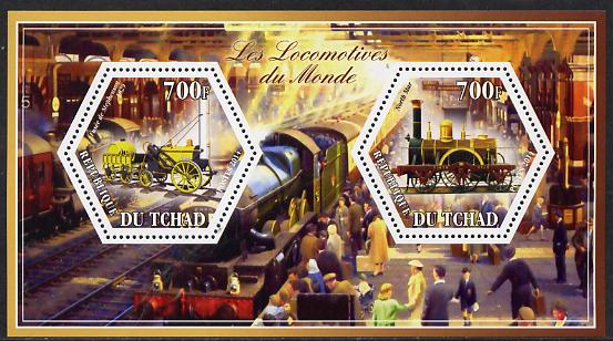 Chad 2014 Steam Locomotives of the World #3 perf sheetlet containing two hexagonal-shaped values unmounted mint , stamps on shaped, stamps on hexagon, stamps on hexagonal, stamps on railways