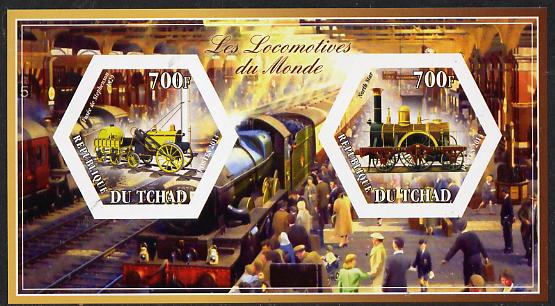 Chad 2014 Steam Locomotives of the World #3 imperf sheetlet containing two hexagonal-shaped values unmounted mint , stamps on , stamps on  stamps on shaped, stamps on  stamps on hexagon, stamps on  stamps on hexagonal, stamps on  stamps on railways