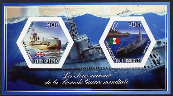 Chad 2014 Submarines #4 imperf sheetlet containing two hexagonal-shaped values unmounted mint , stamps on shaped, stamps on hexagon, stamps on hexagonal, stamps on ships.submarines