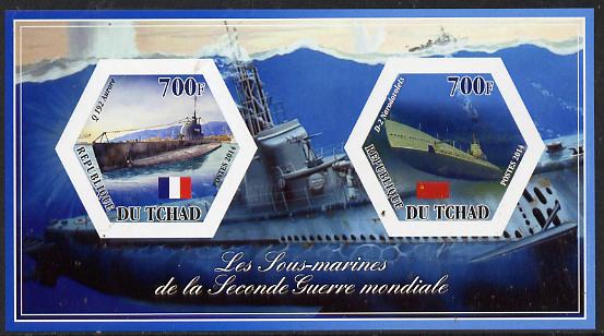 Chad 2014 Submarines #5 imperf sheetlet containing two hexagonal-shaped values unmounted mint , stamps on shaped, stamps on hexagon, stamps on hexagonal, stamps on ships.submarines