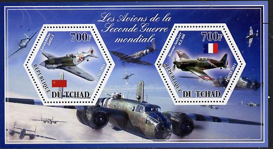 Chad 2014 Aircraft of World War 2 #1 perf sheetlet containing two hexagonal-shaped values unmounted mint , stamps on shaped, stamps on hexagon, stamps on hexagonal, stamps on  ww2 , stamps on aviation